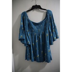 🔴Free People Teal Blue Floral Print Smocked Flutter Sleeve Mini Dress‎ Top